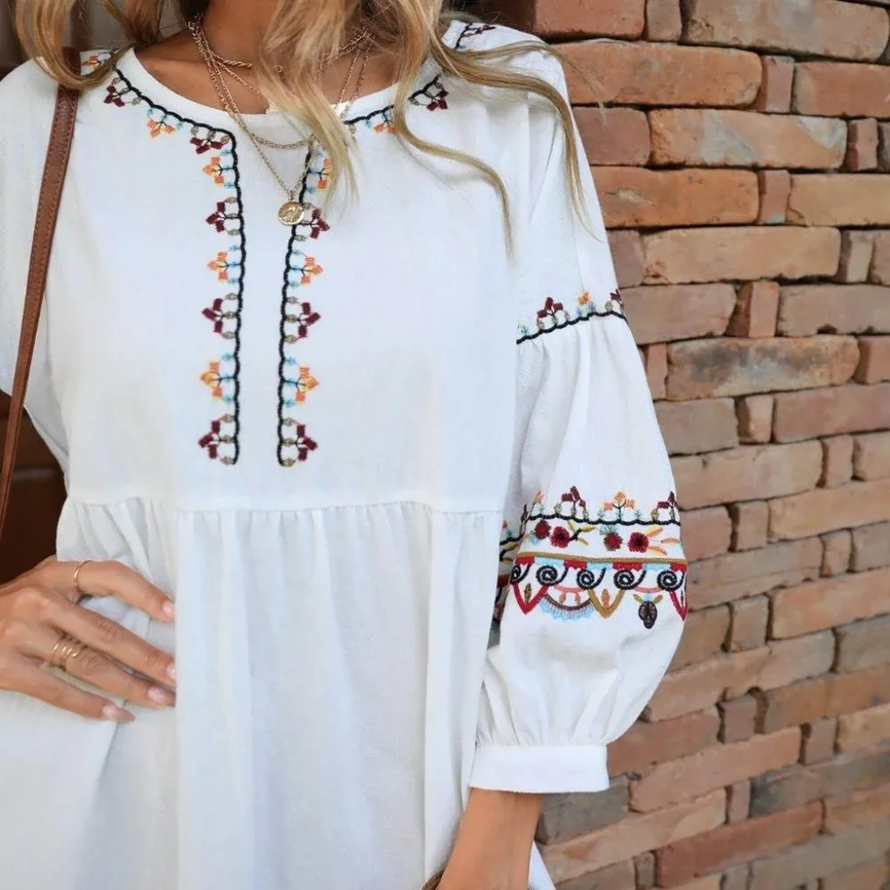 Boho Embroidery Lantern Sleeve Smock Dress - Picture 4 of 5